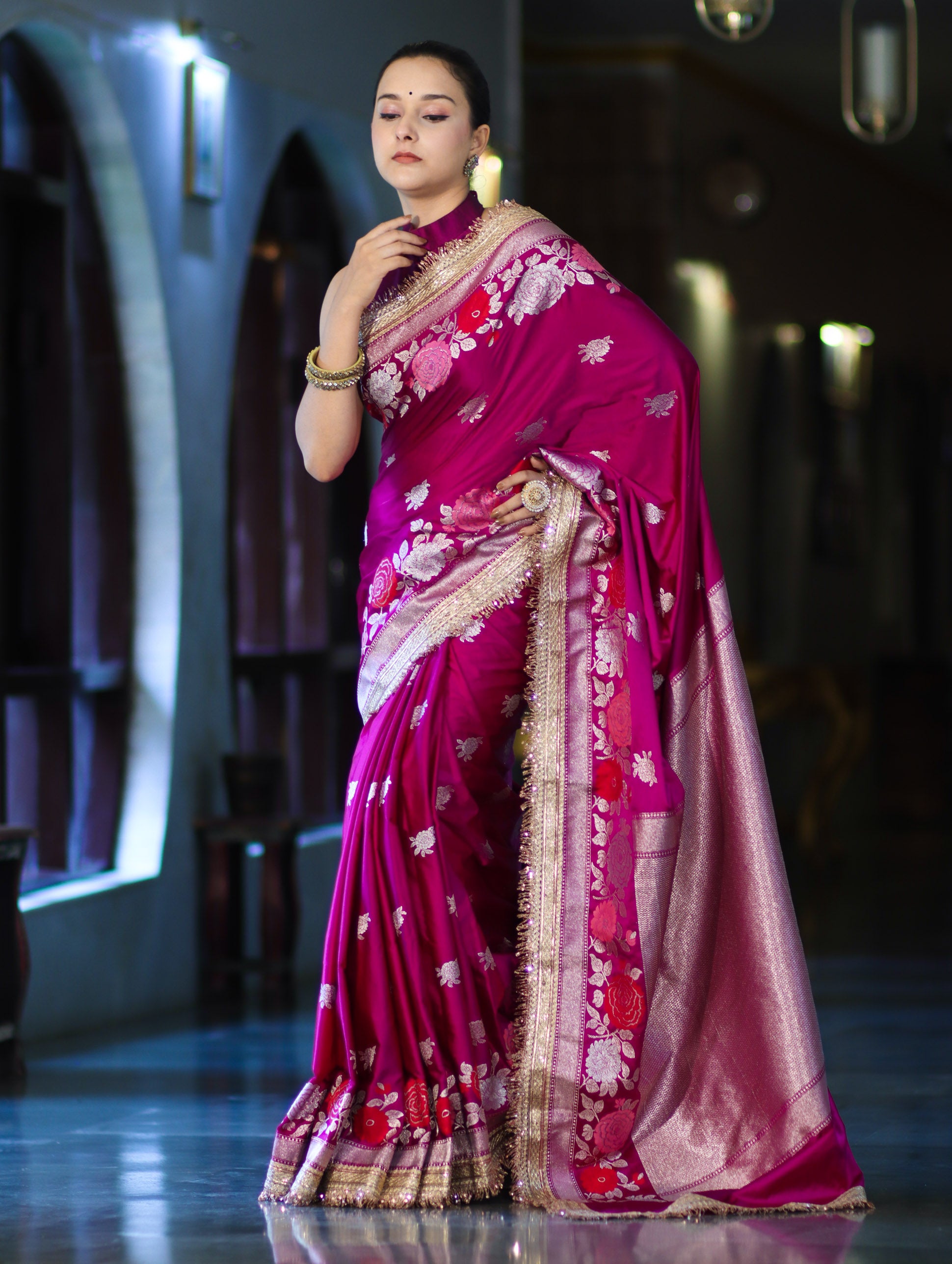 Banarasee Mashru Silk Saree With Zari Embroidery Floral Border & Lace-Magenta