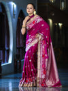 Banarasee Mashru Silk Saree With Zari Embroidery Floral Border & Lace-Magenta