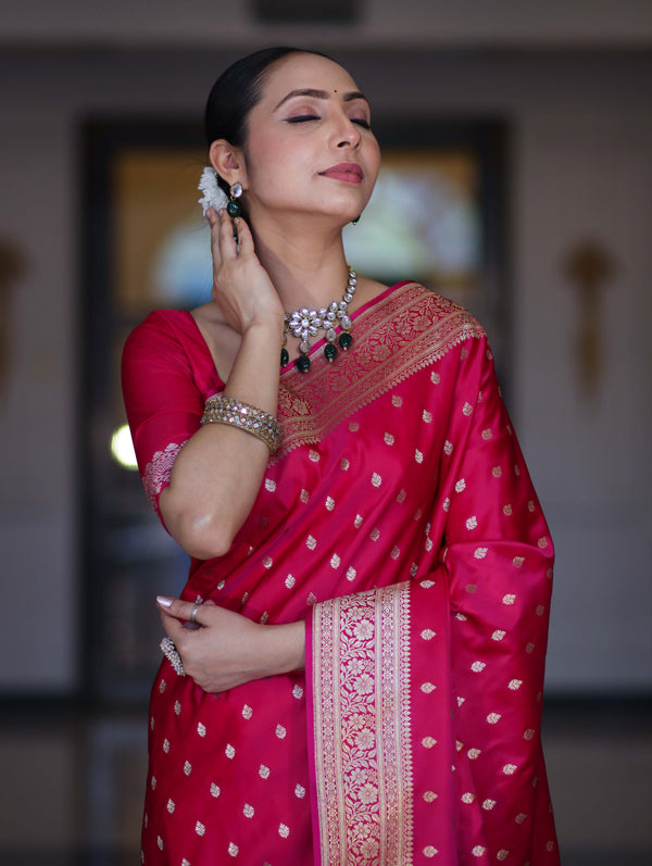 Banarasee Handloom Semi Katan Saree With Buti Work & Border-Fuchsia Pink