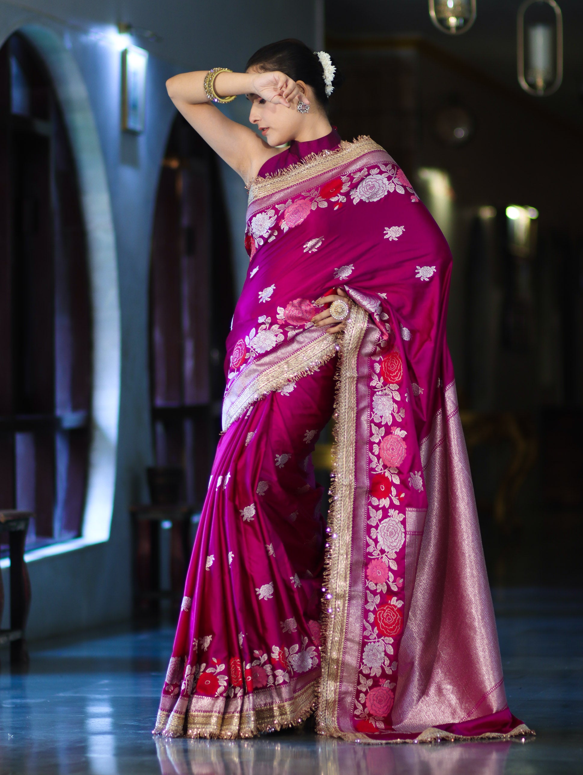 Banarasee Mashru Silk Saree With Zari Embroidery Floral Border & Lace-Magenta