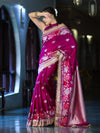 Banarasee Mashru Silk Saree With Zari Embroidery Floral Border & Lace-Magenta