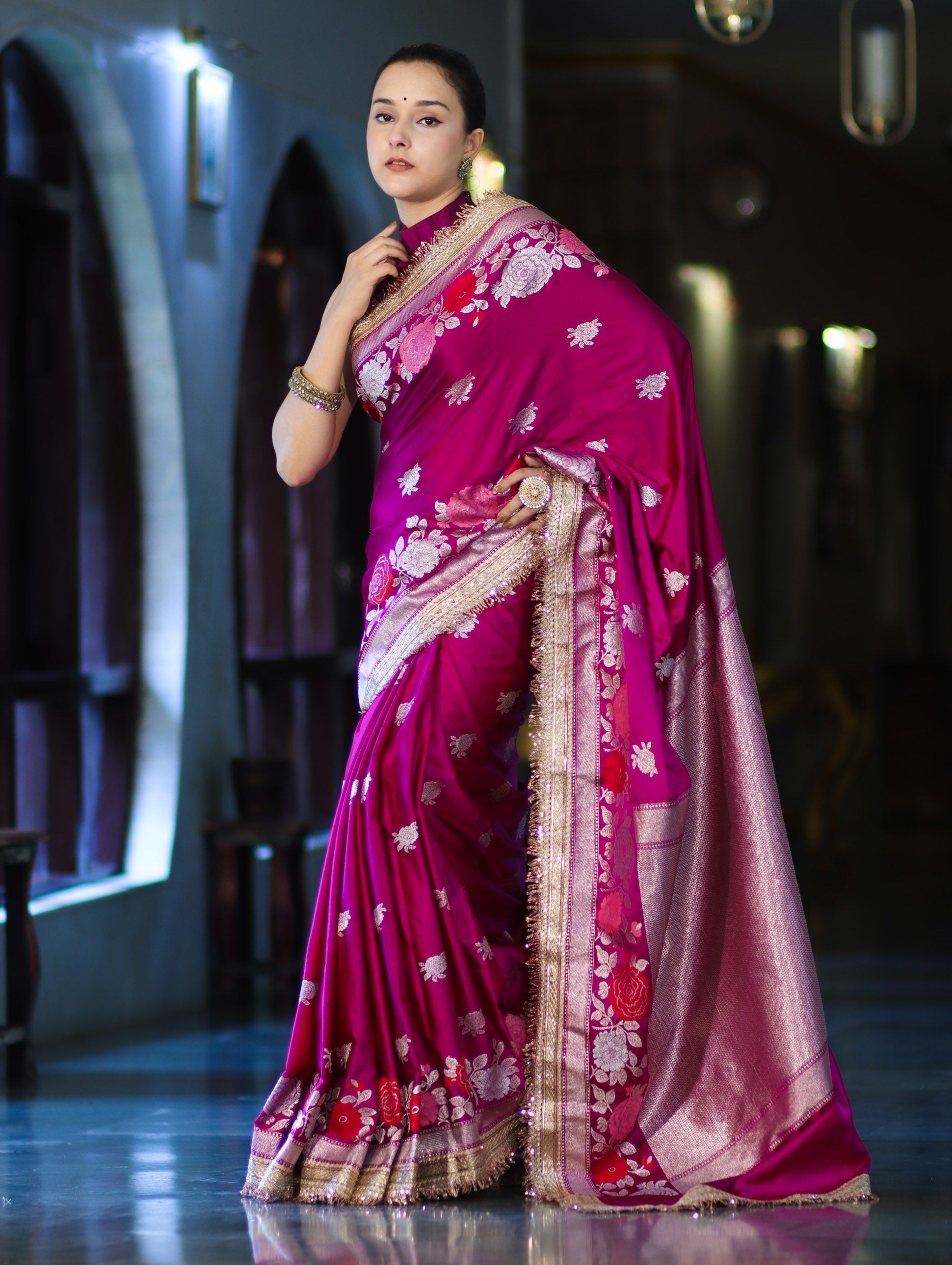 Banarasee Mashru Silk Saree With Zari Embroidery Floral Border & Lace-Magenta