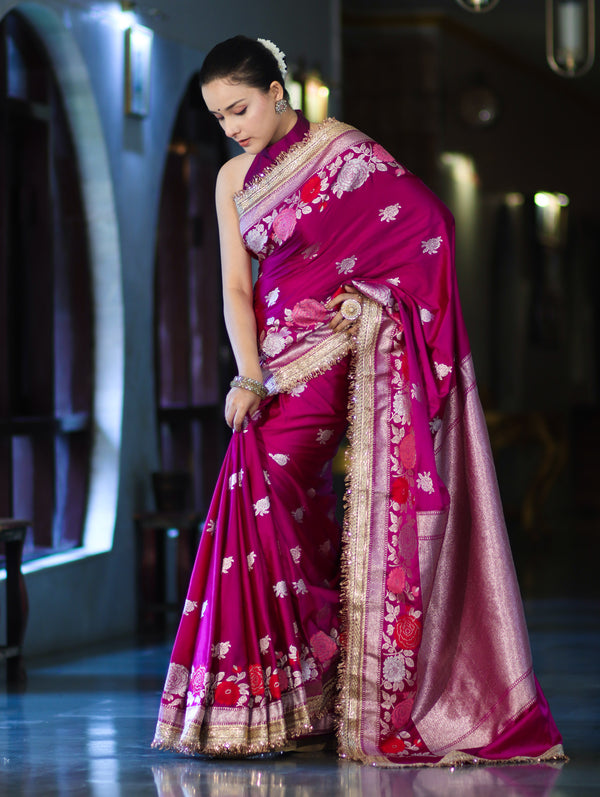 Banarasee Mashru Silk Saree With Zari Embroidery Floral Border & Lace-Magenta
