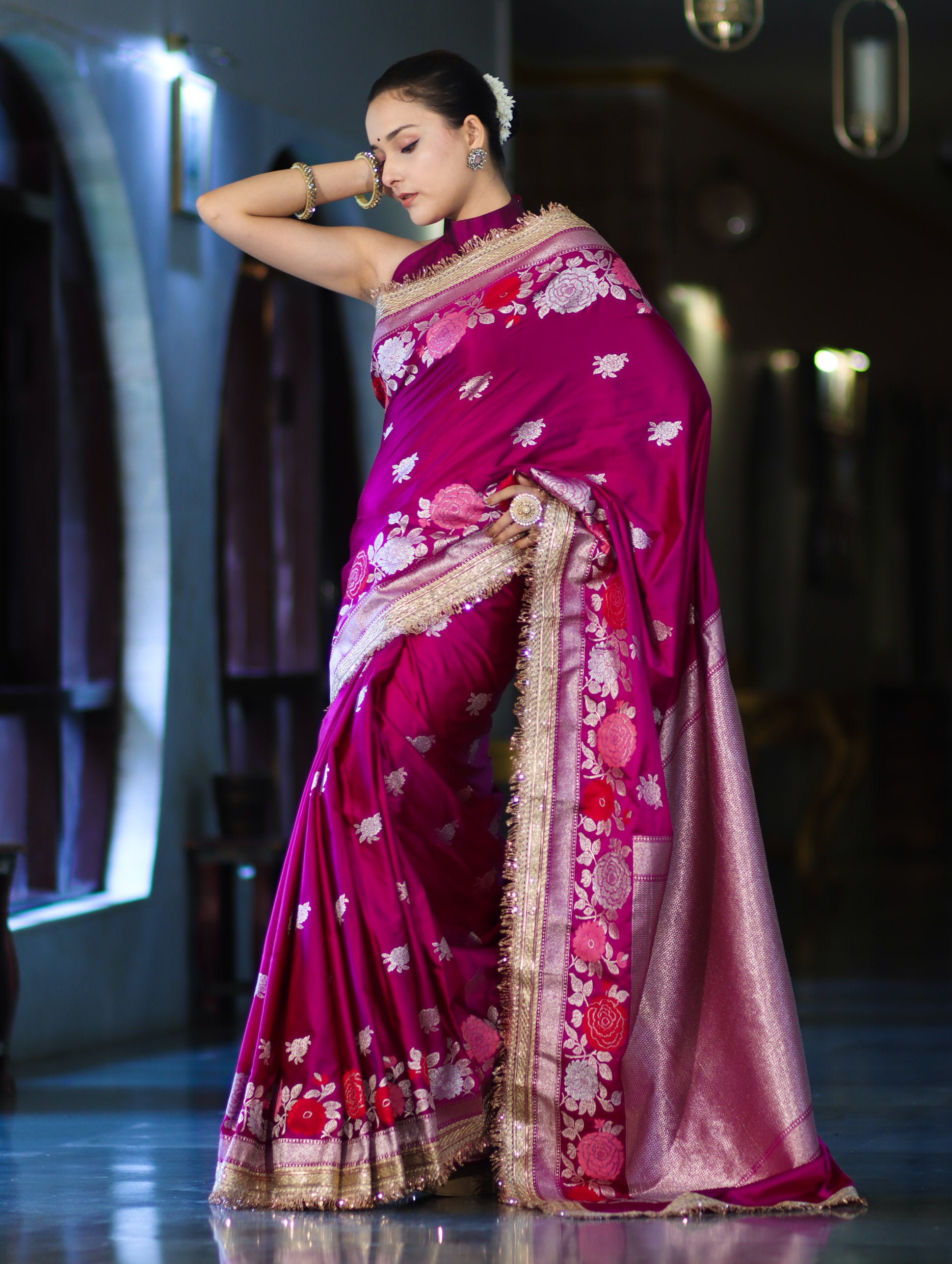 Banarasee Mashru Silk Saree With Zari Embroidery Floral Border & Lace-Magenta
