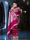 Banarasee Mashru Silk Saree With Zari Embroidery Floral Border & Lace-Magenta