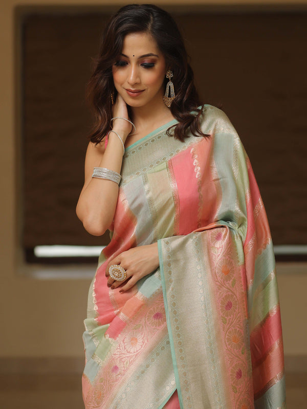 Banarasee Handpainted Pure Muga Silk Saree With Contrast Border-Multicolor