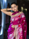 Banarasee Mashru Silk Saree With Zari Embroidery Floral Border & Lace-Magenta