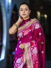 Banarasee Mashru Silk Saree With Zari Embroidery Floral Border & Lace-Magenta
