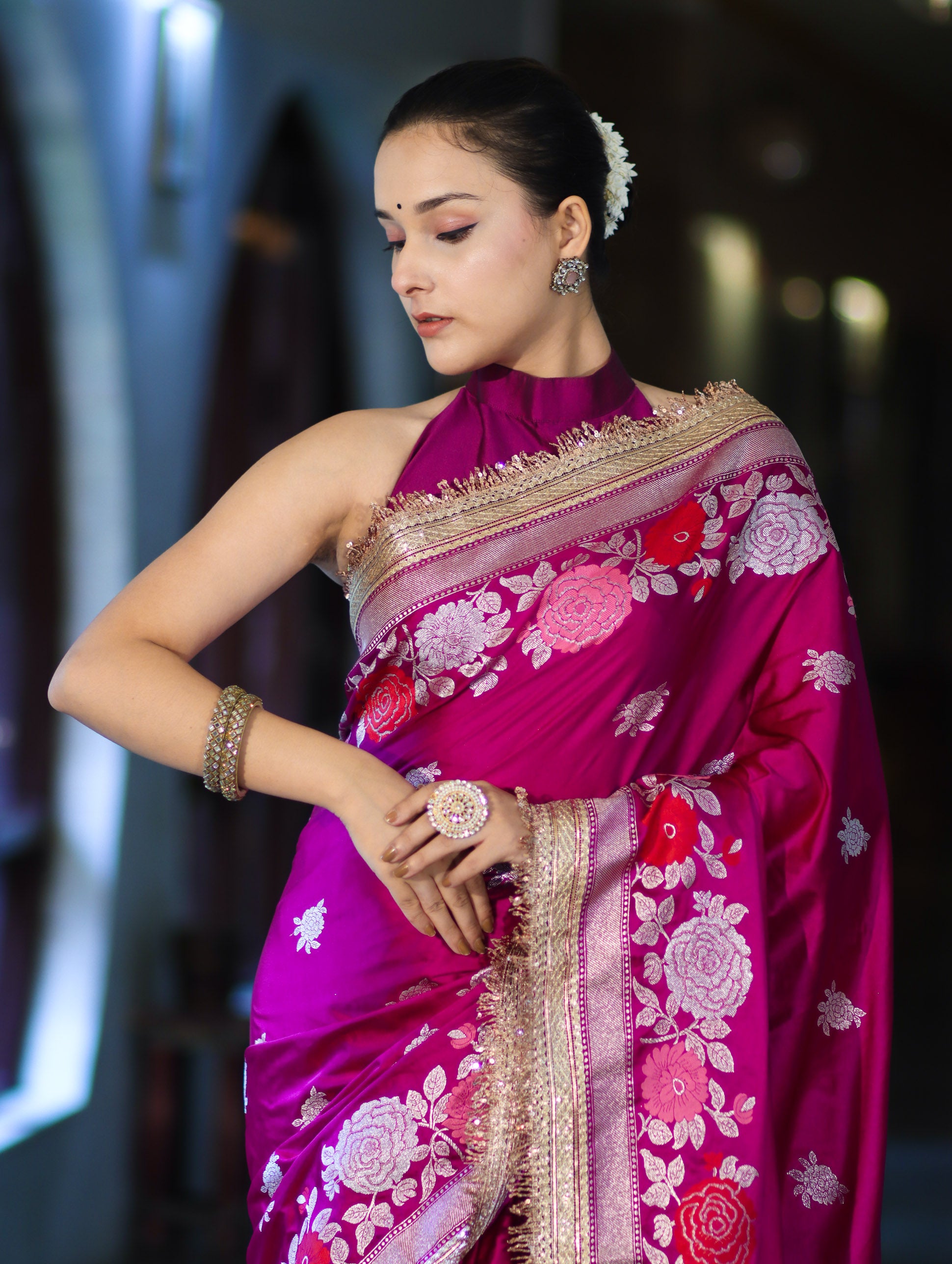 Banarasee Mashru Silk Saree With Zari Embroidery Floral Border & Lace-Magenta