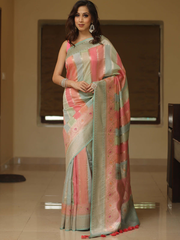 Banarasee Handpainted Pure Muga Silk Saree With Contrast Border-Multicolor
