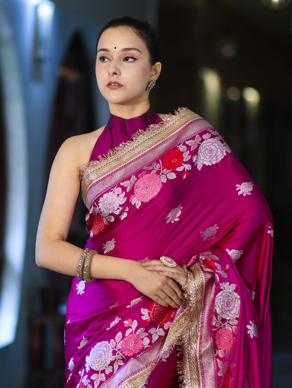 Banarasee Mashru Silk Saree With Zari Embroidery Floral Border & Lace-Magenta