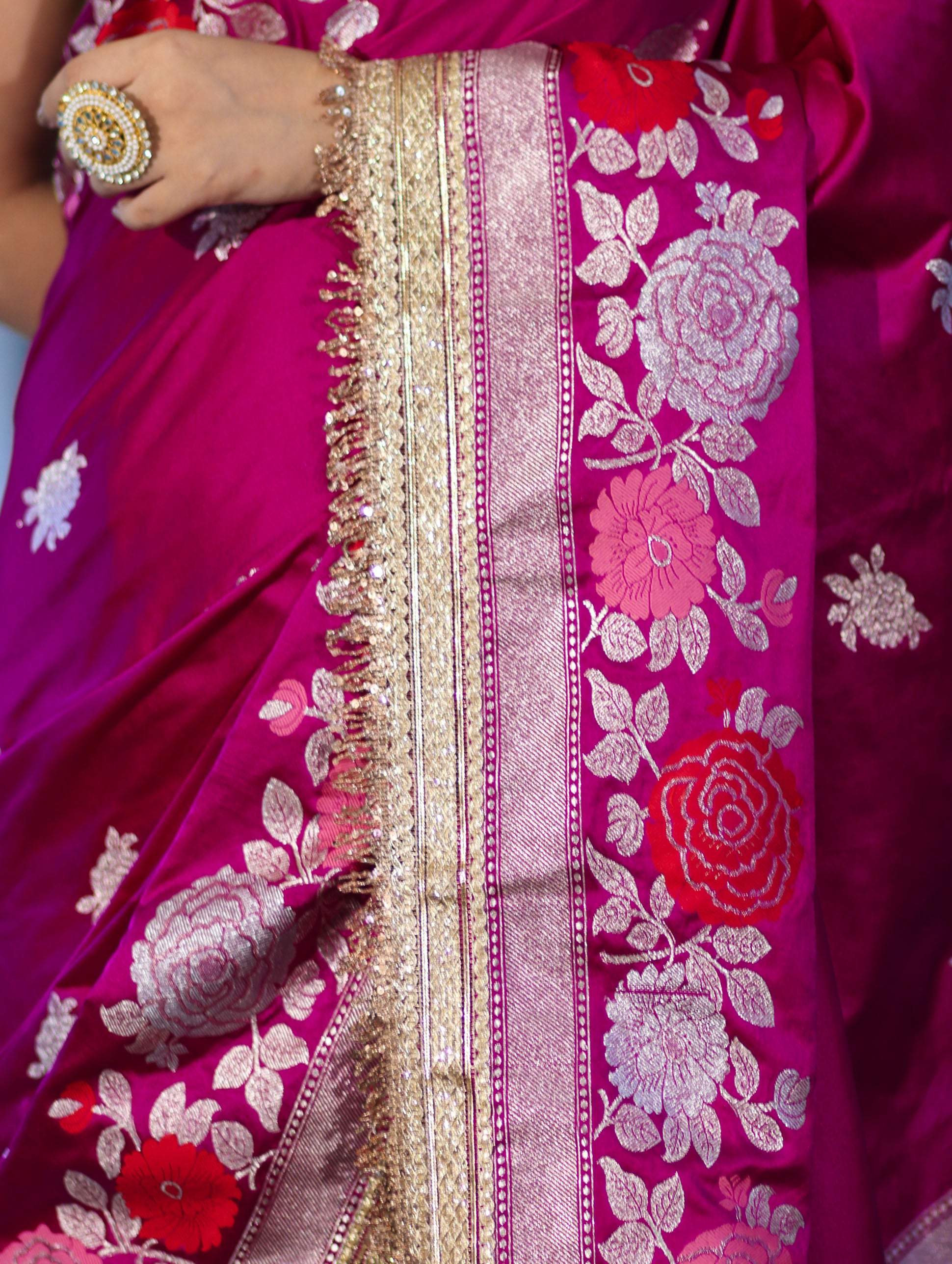 Banarasee Mashru Silk Saree With Zari Embroidery Floral Border & Lace-Magenta