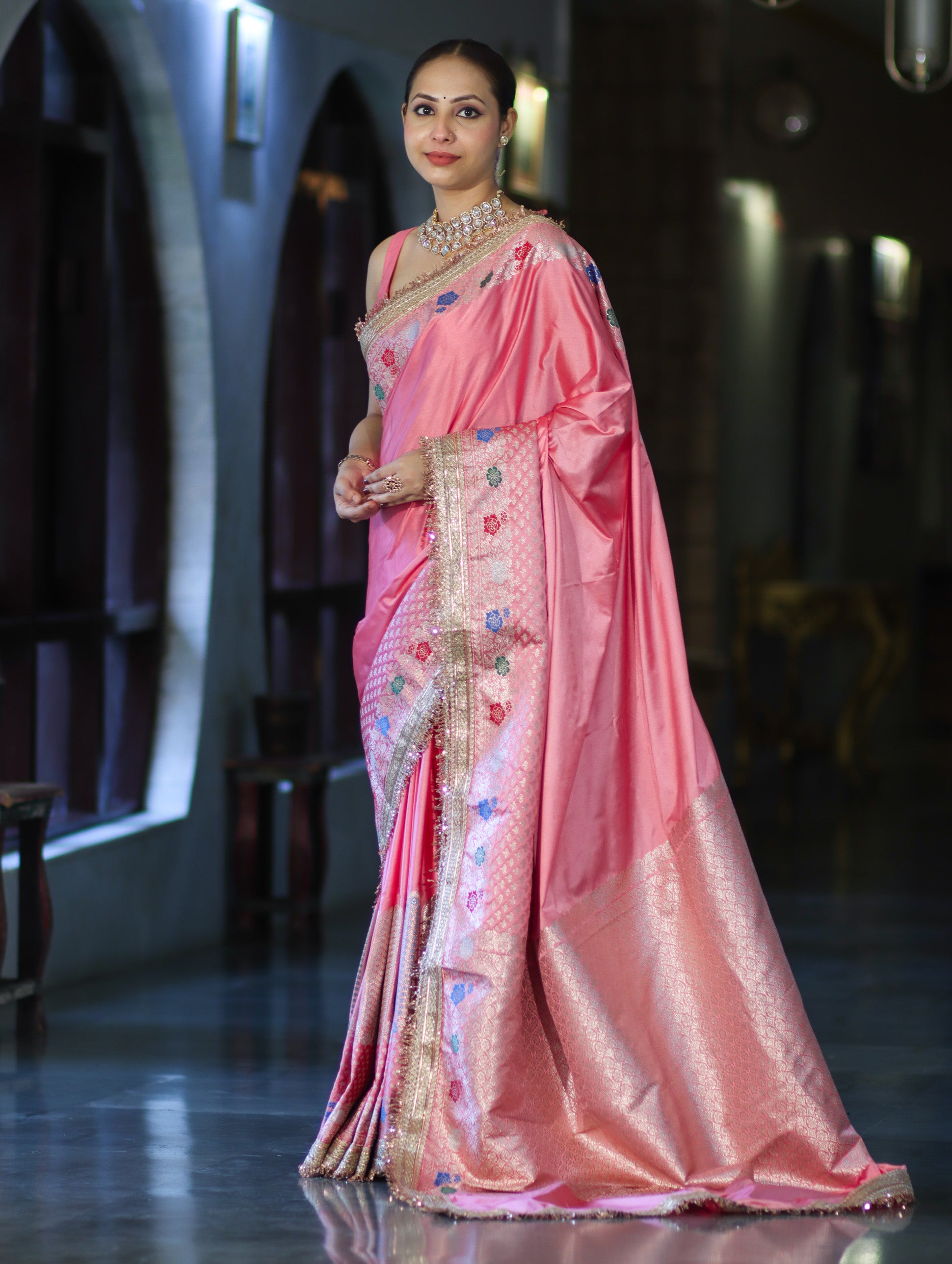 Banarasee Handloom Mashru Silk Saree With Meenadar Skirt Border & Lace-Peachy Pink