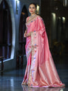 Banarasee Handloom Mashru Silk Saree With Meenadar Skirt Border & Lace-Peachy Pink