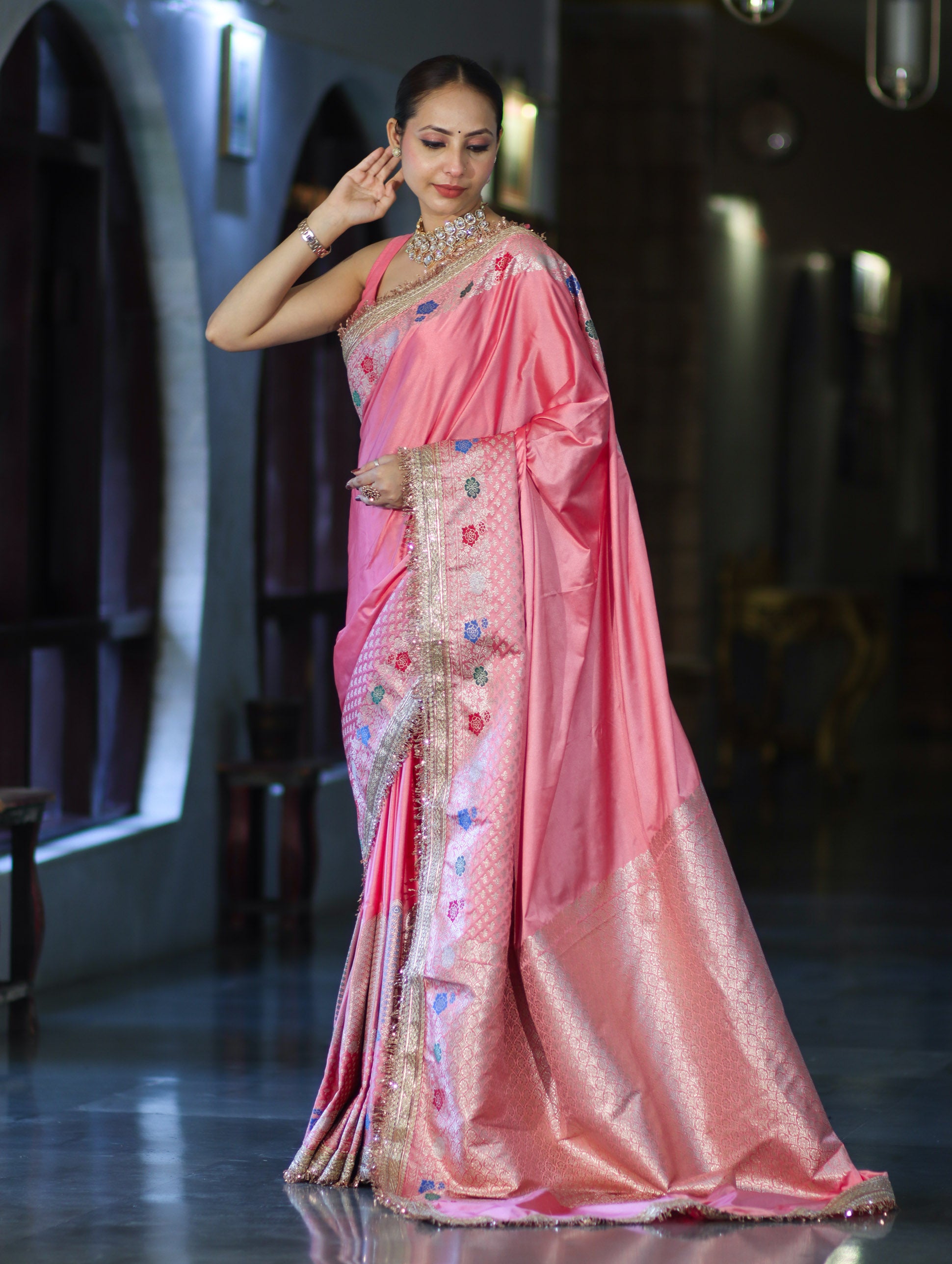 Banarasee Handloom Mashru Silk Saree With Meenadar Skirt Border & Lace-Peachy Pink