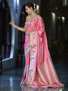 Banarasee Handloom Mashru Silk Saree With Meenadar Skirt Border & Lace-Peachy Pink