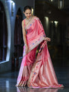 Banarasee Handloom Mashru Silk Saree With Meenadar Skirt Border & Lace-Peachy Pink