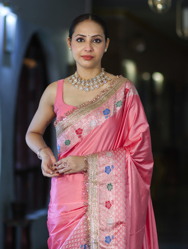 Banarasee Handloom Mashru Silk Saree With Meenadar Skirt Border & Lace-Peachy Pink