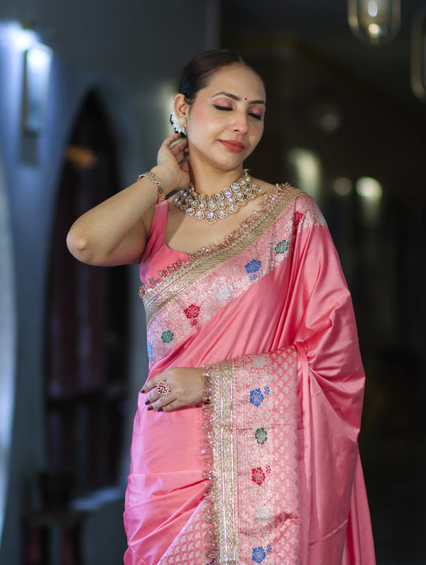 Banarasee Handloom Mashru Silk Saree With Meenadar Skirt Border & Lace-Peachy Pink