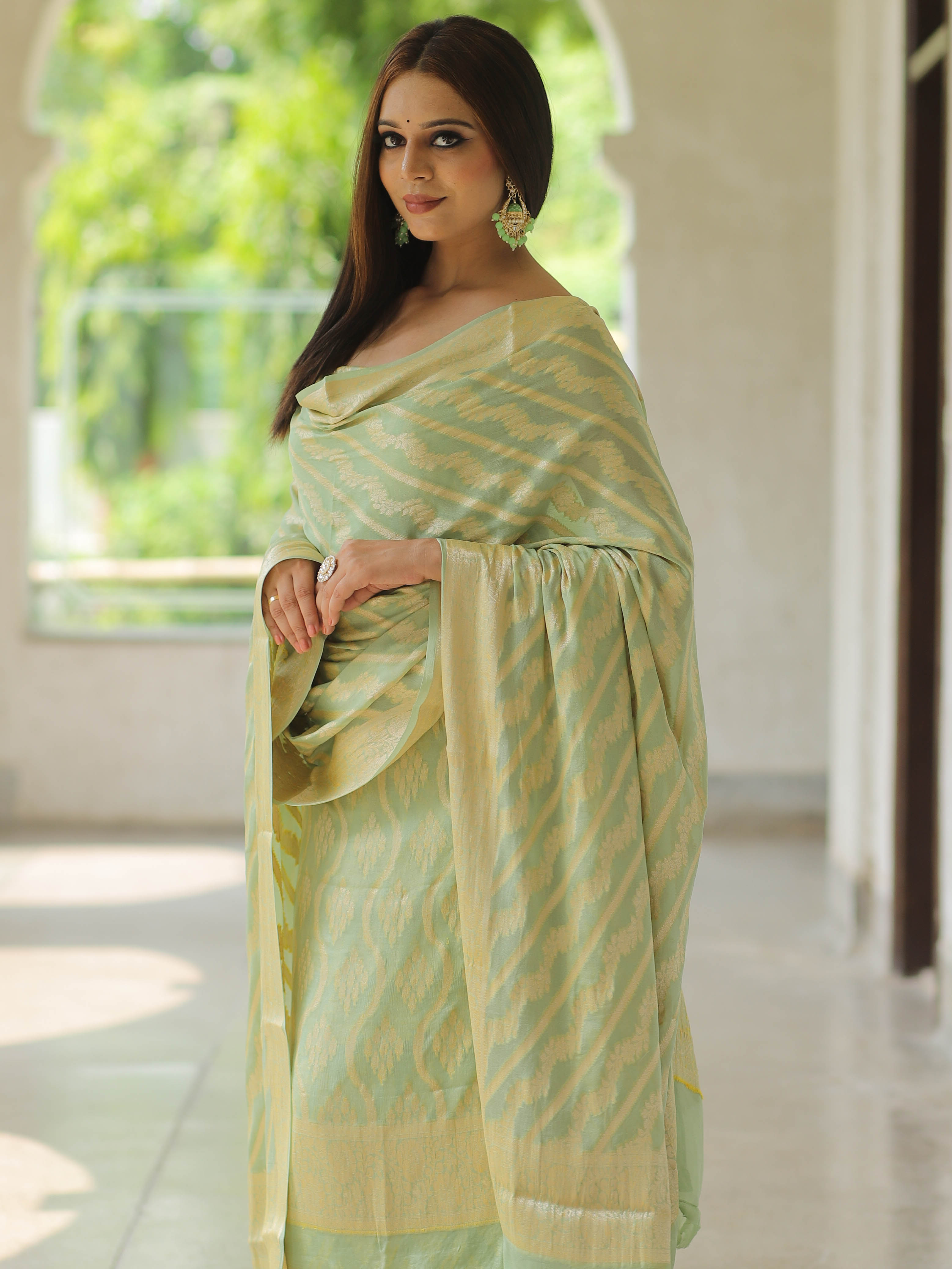 Banarasee Handloom Pure Chiffon Silk Kameez Fabric With Dupatta-Light Green