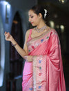Banarasee Handloom Mashru Silk Saree With Meenadar Skirt Border & Lace-Peachy Pink