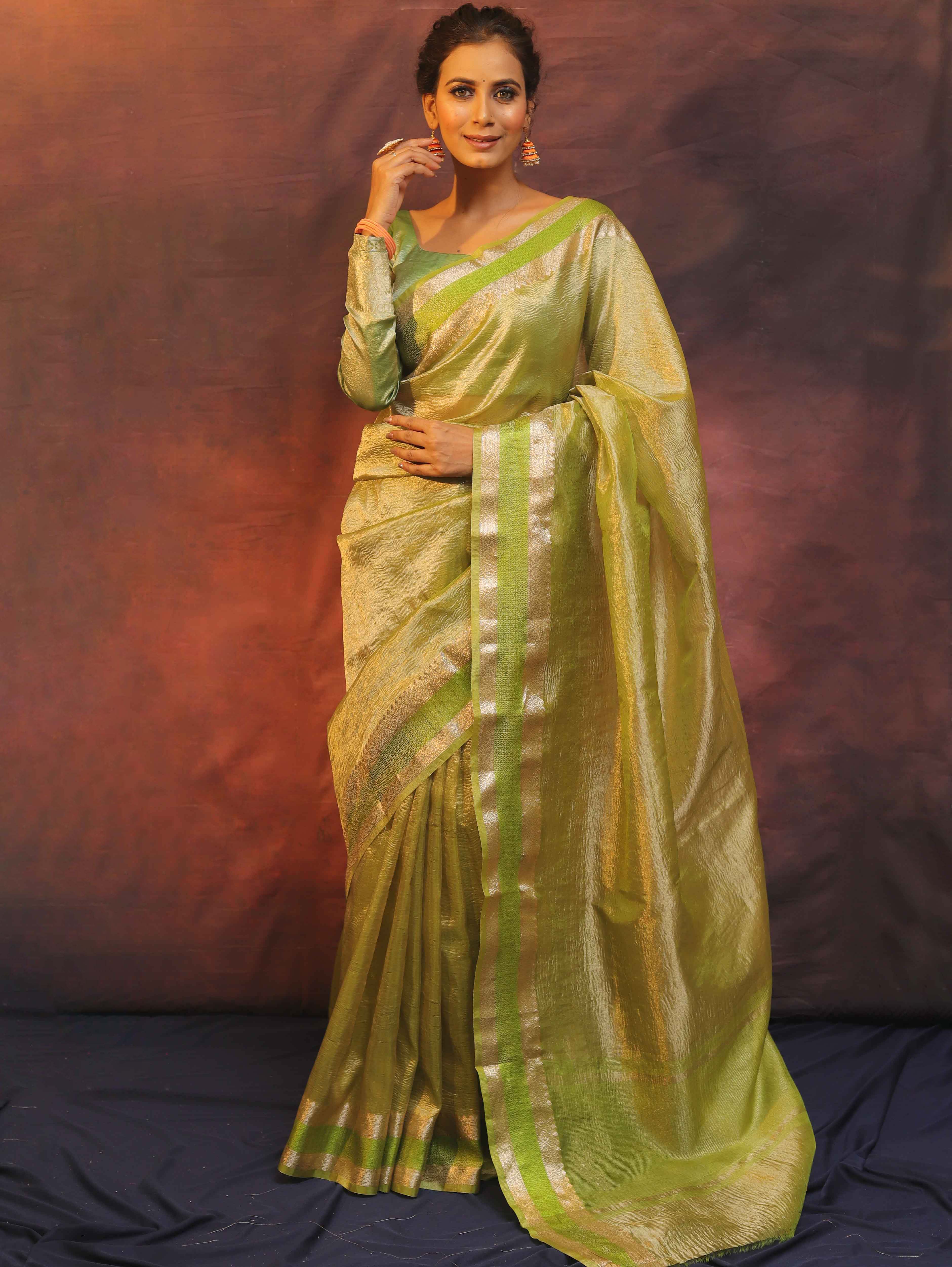 Banarasee Handwoven Plain Crushed Tissue Saree With Zari Border-Light Green