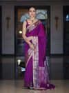 Banarasee Handloom Semi Silk Plain Saree With Zari Border & Lace-Violet