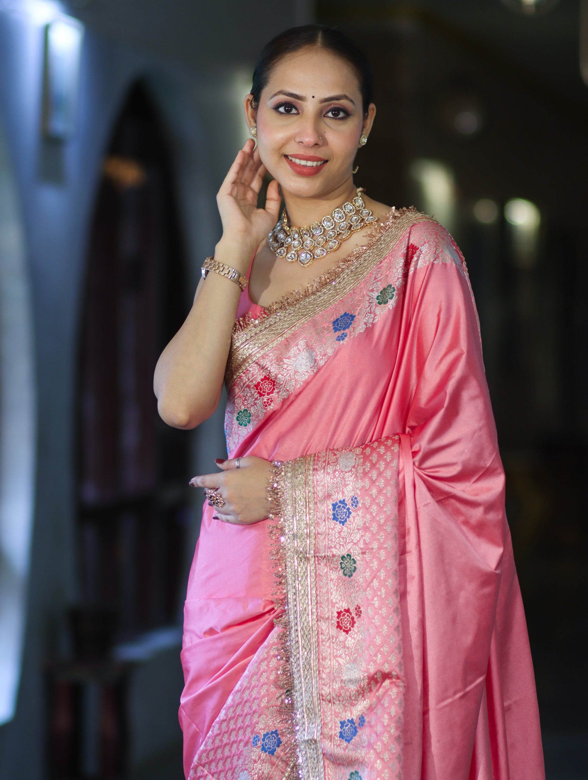 Banarasee Handloom Mashru Silk Saree With Meenadar Skirt Border & Lace-Peachy Pink