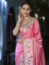 Banarasee Handloom Mashru Silk Saree With Meenadar Skirt Border & Lace-Peachy Pink