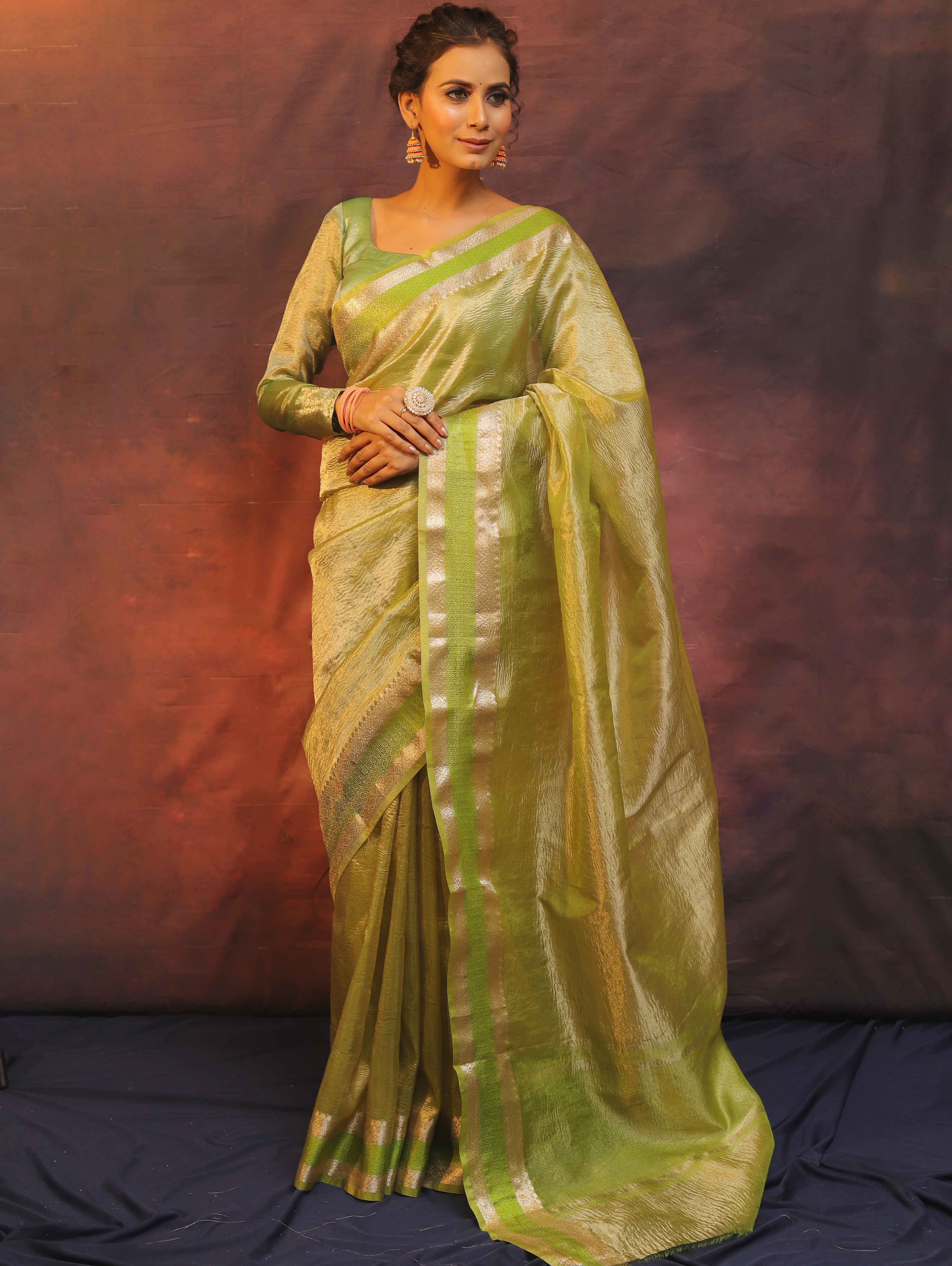 Banarasee Handwoven Plain Crushed Tissue Saree With Zari Border-Light Green