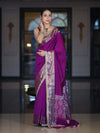 Banarasee Handloom Semi Silk Plain Saree With Zari Border & Lace-Violet