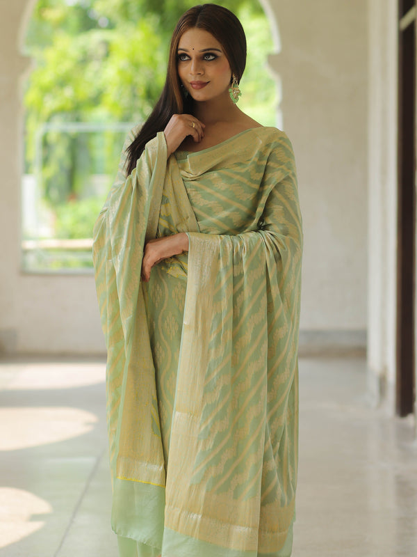 Banarasee Handloom Pure Chiffon Silk Kameez Fabric With Dupatta-Light Green