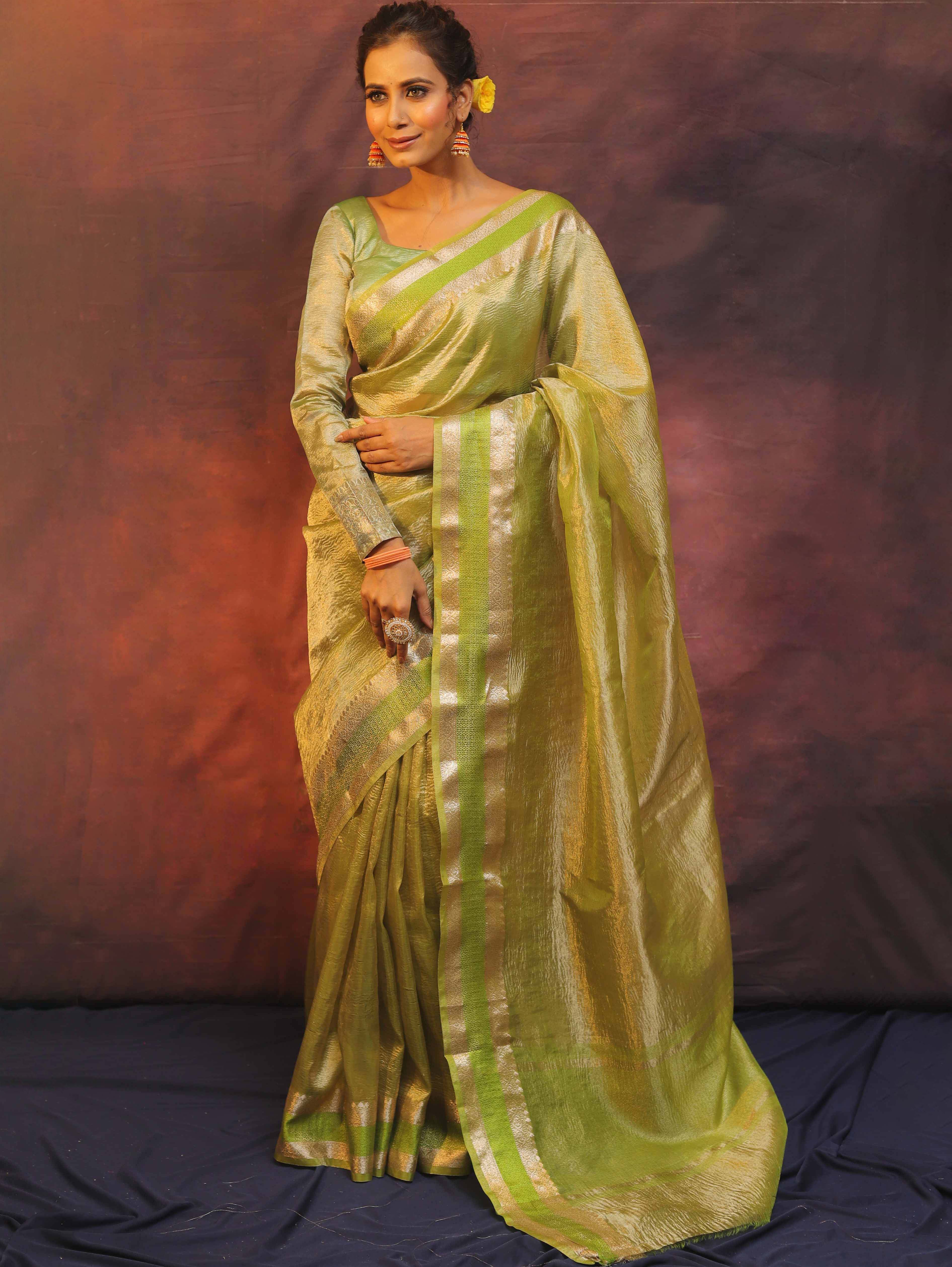 Banarasee Handwoven Plain Crushed Tissue Saree With Zari Border-Light Green