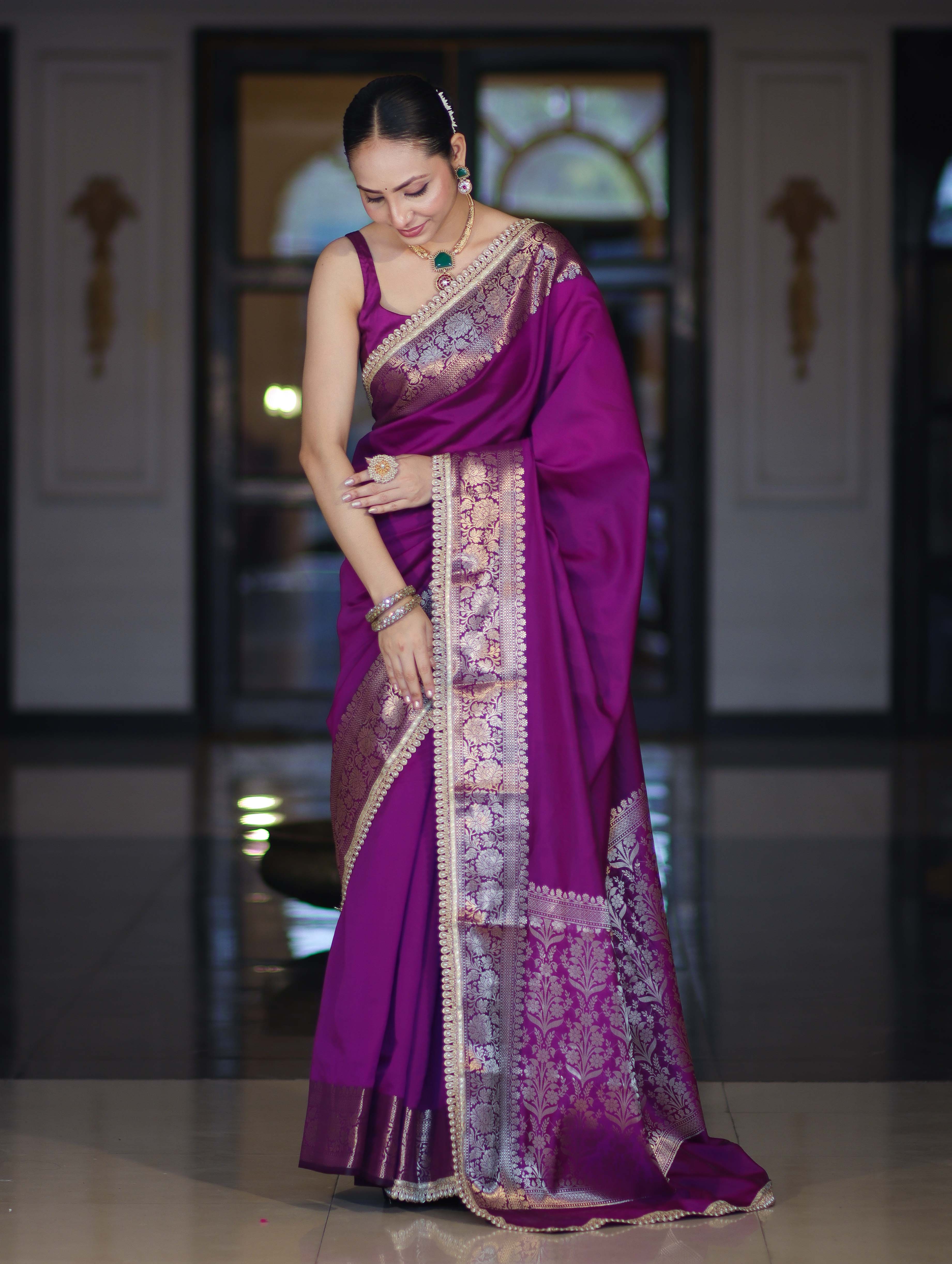Banarasee Handloom Semi Silk Plain Saree With Zari Border & Lace-Violet