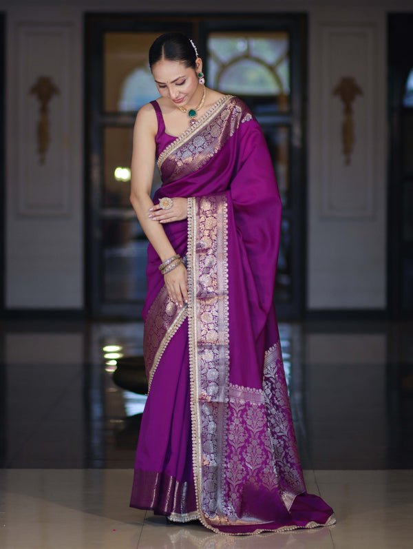 Banarasee Handloom Semi Silk Plain Saree With Zari Border & Lace-Violet