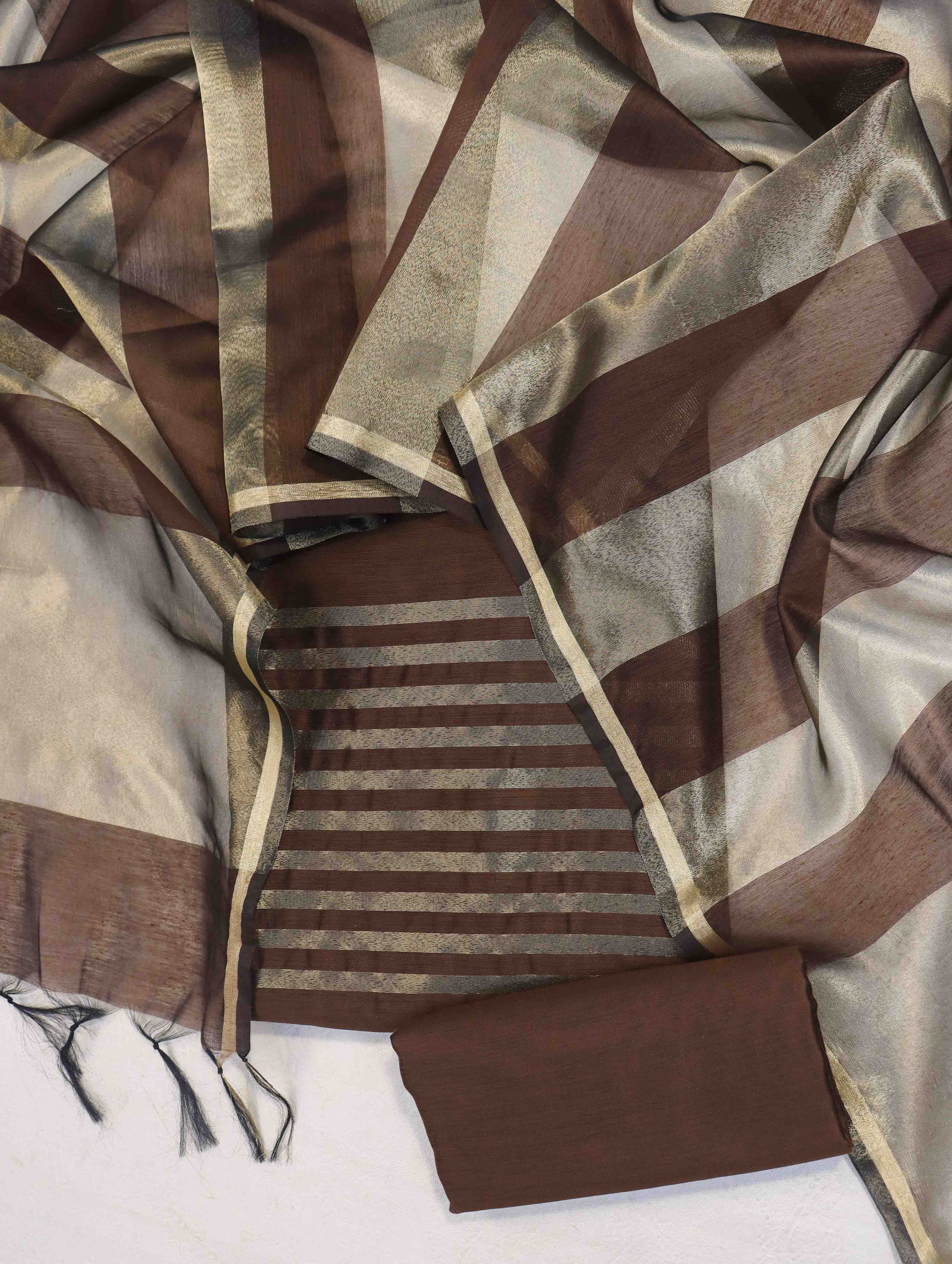 Banarasee Cotton Silk Stripe Pattern Salwar Kameez Fabric With Dupatta Set-Brown