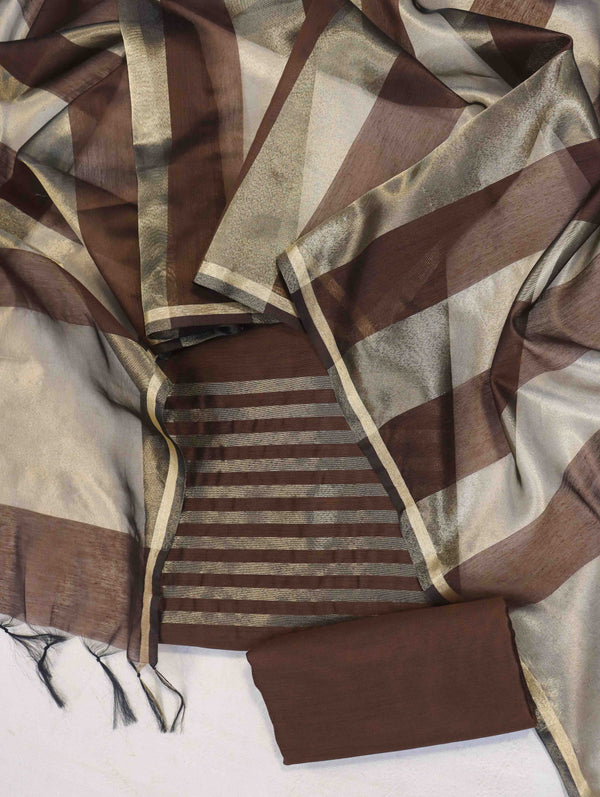 Banarasee Cotton Silk Stripe Pattern Salwar Kameez Fabric With Dupatta Set-Brown