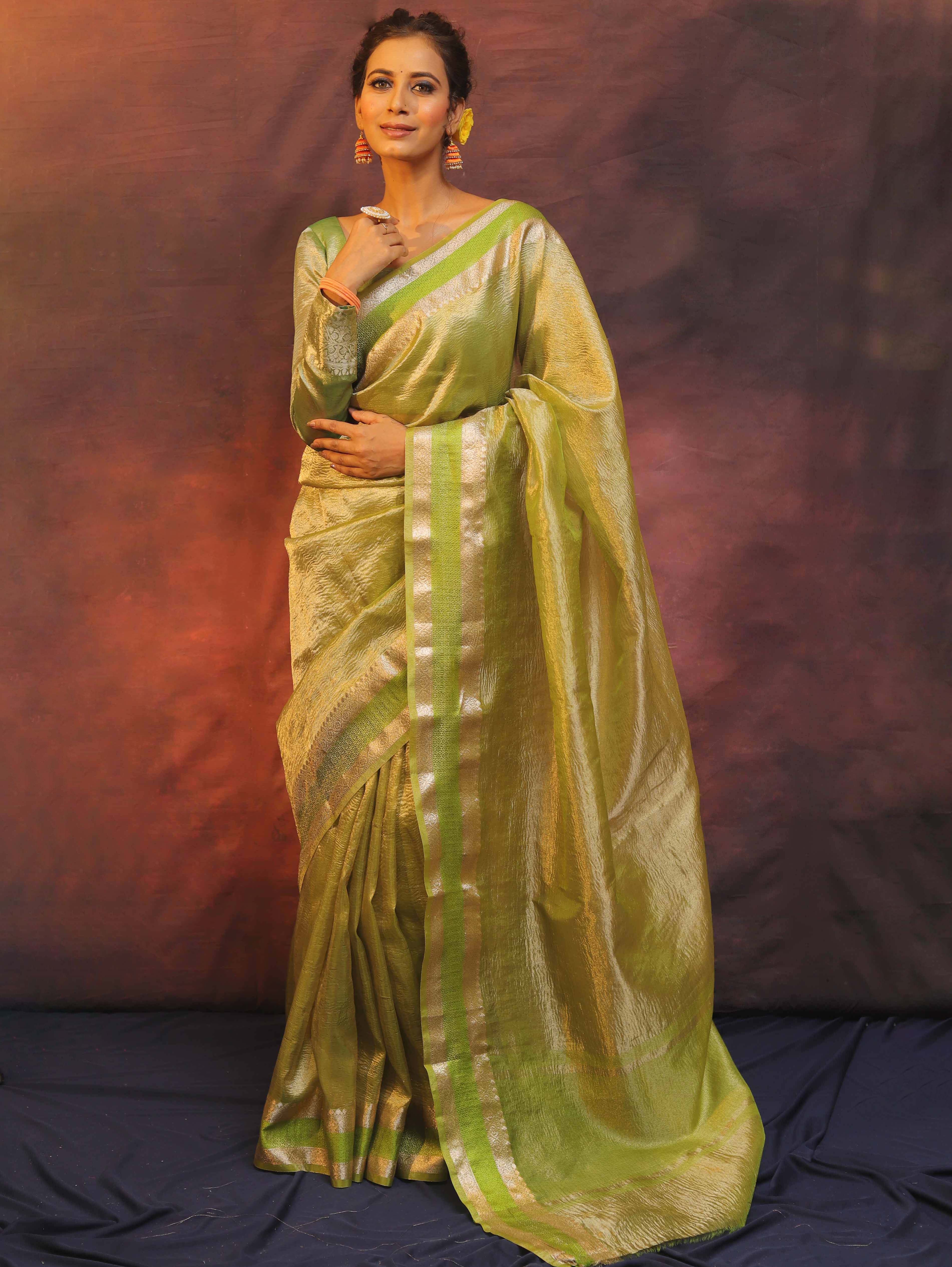 Banarasee Handwoven Plain Crushed Tissue Saree With Zari Border-Light Green