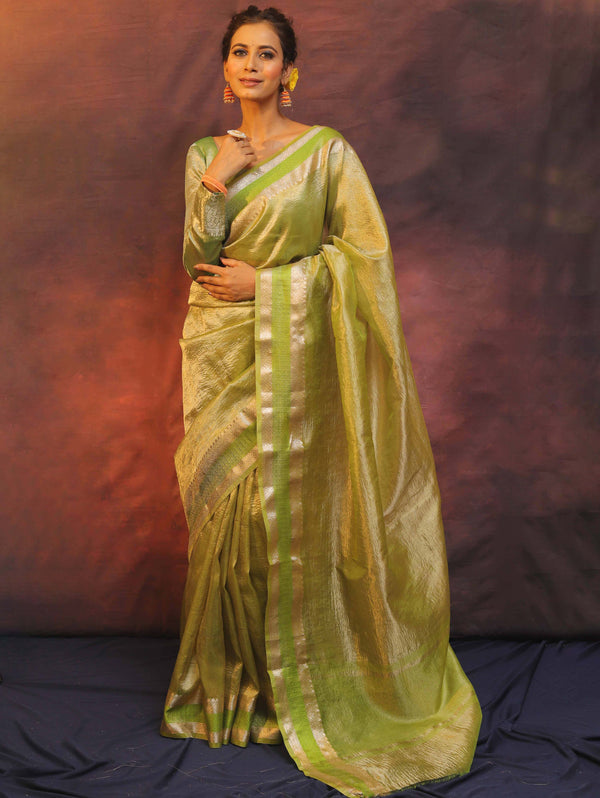 Banarasee Handwoven Plain Crushed Tissue Saree With Zari Border-Light Green