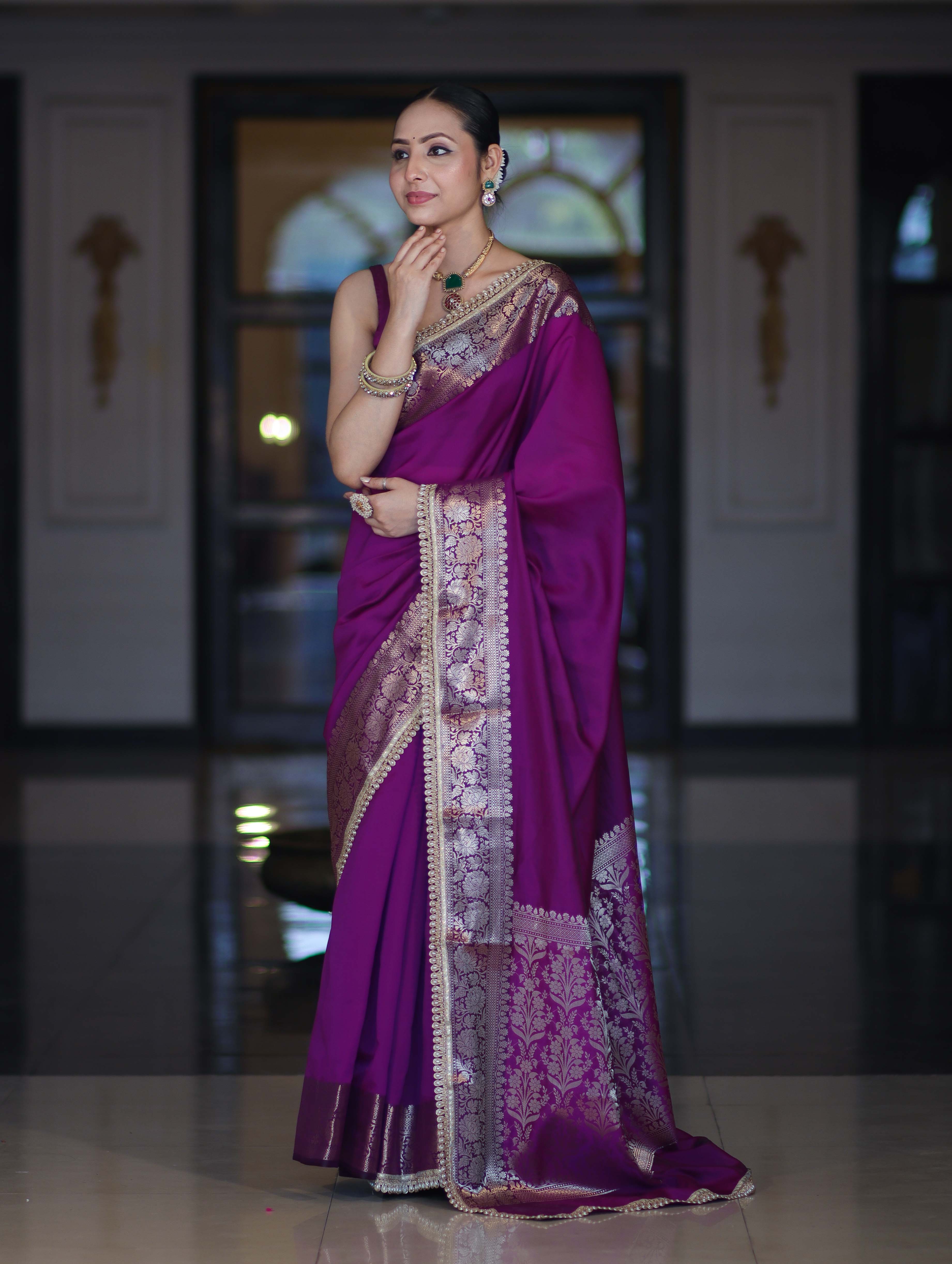 Banarasee Handloom Semi Silk Plain Saree With Zari Border & Lace-Violet