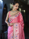 Banarasee Handloom Mashru Silk Saree With Meenadar Skirt Border & Lace-Peachy Pink