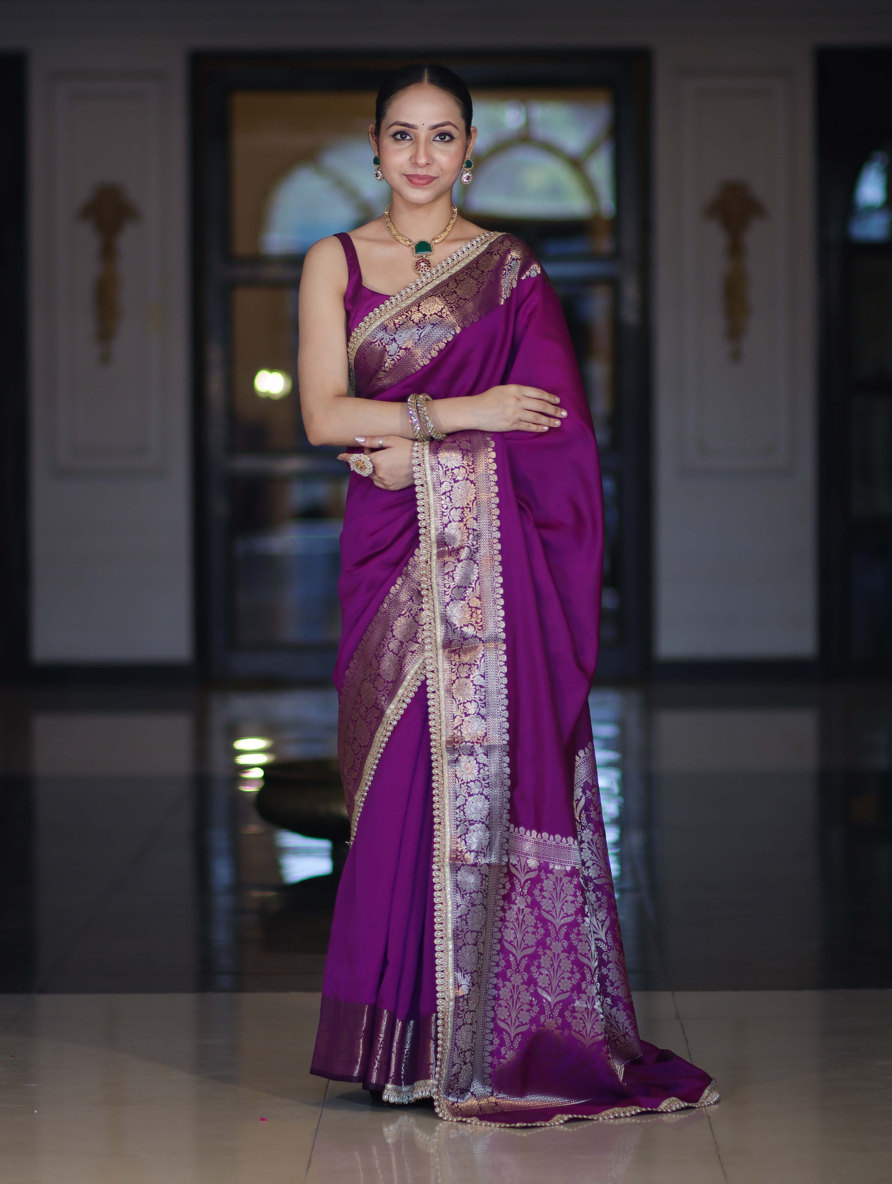 Banarasee Handloom Semi Silk Plain Saree With Zari Border & Lace-Violet