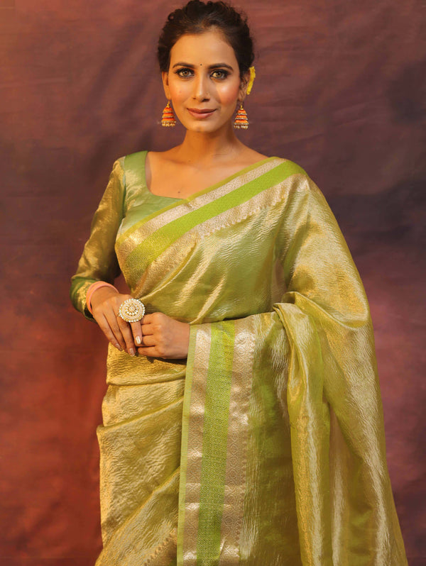 Banarasee Handwoven Plain Crushed Tissue Saree With Zari Border-Light Green