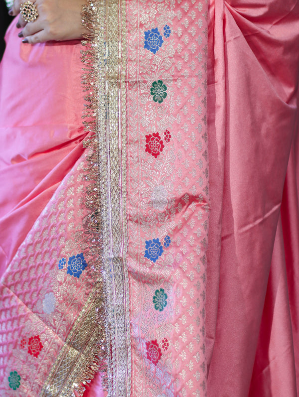 Banarasee Handloom Mashru Silk Saree With Meenadar Skirt Border & Lace-Peachy Pink