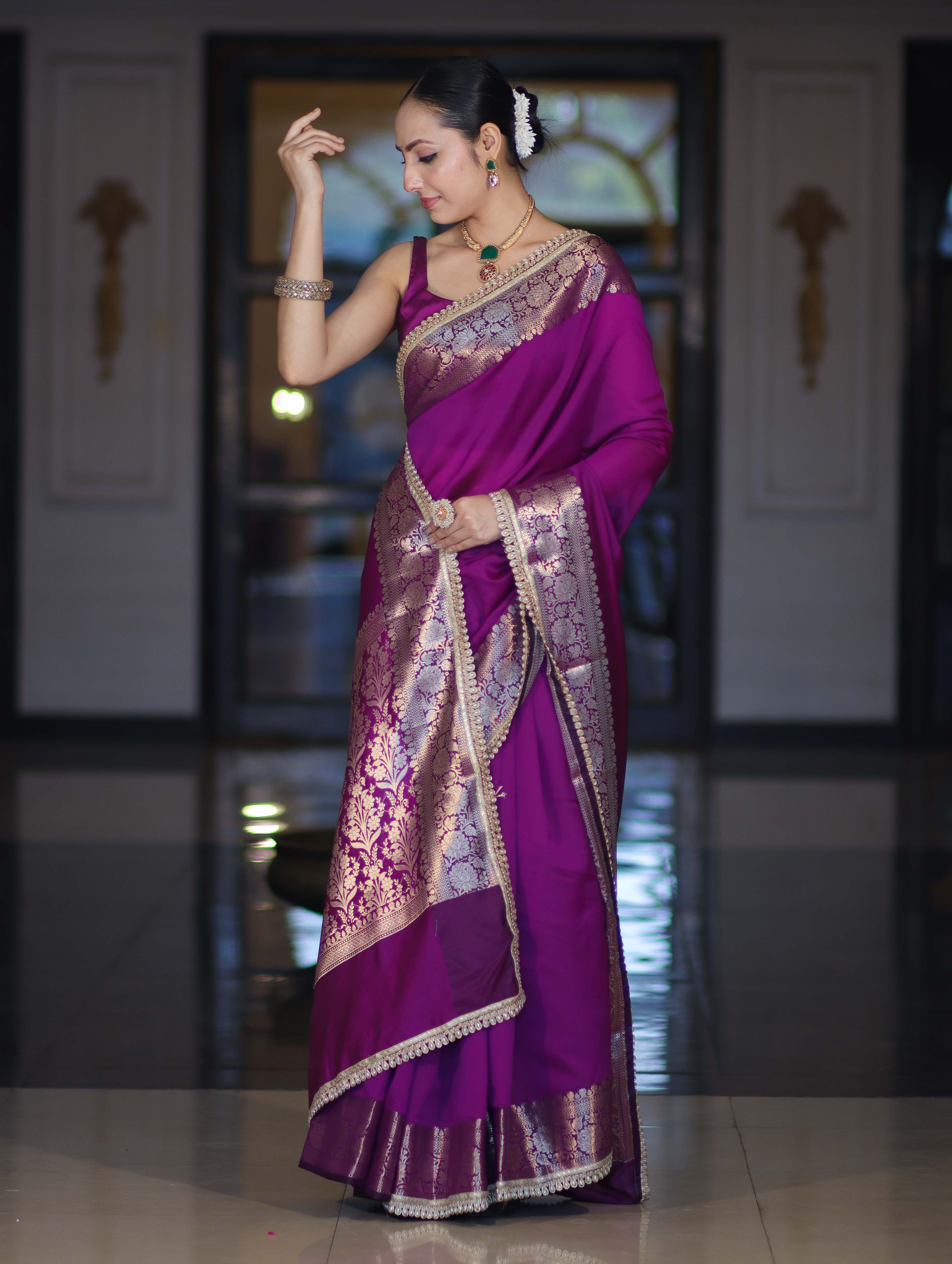 Banarasee Handloom Semi Silk Plain Saree With Zari Border & Lace-Violet