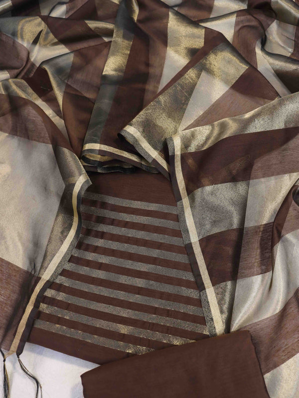 Banarasee Cotton Silk Stripe Pattern Salwar Kameez Fabric With Dupatta Set-Brown