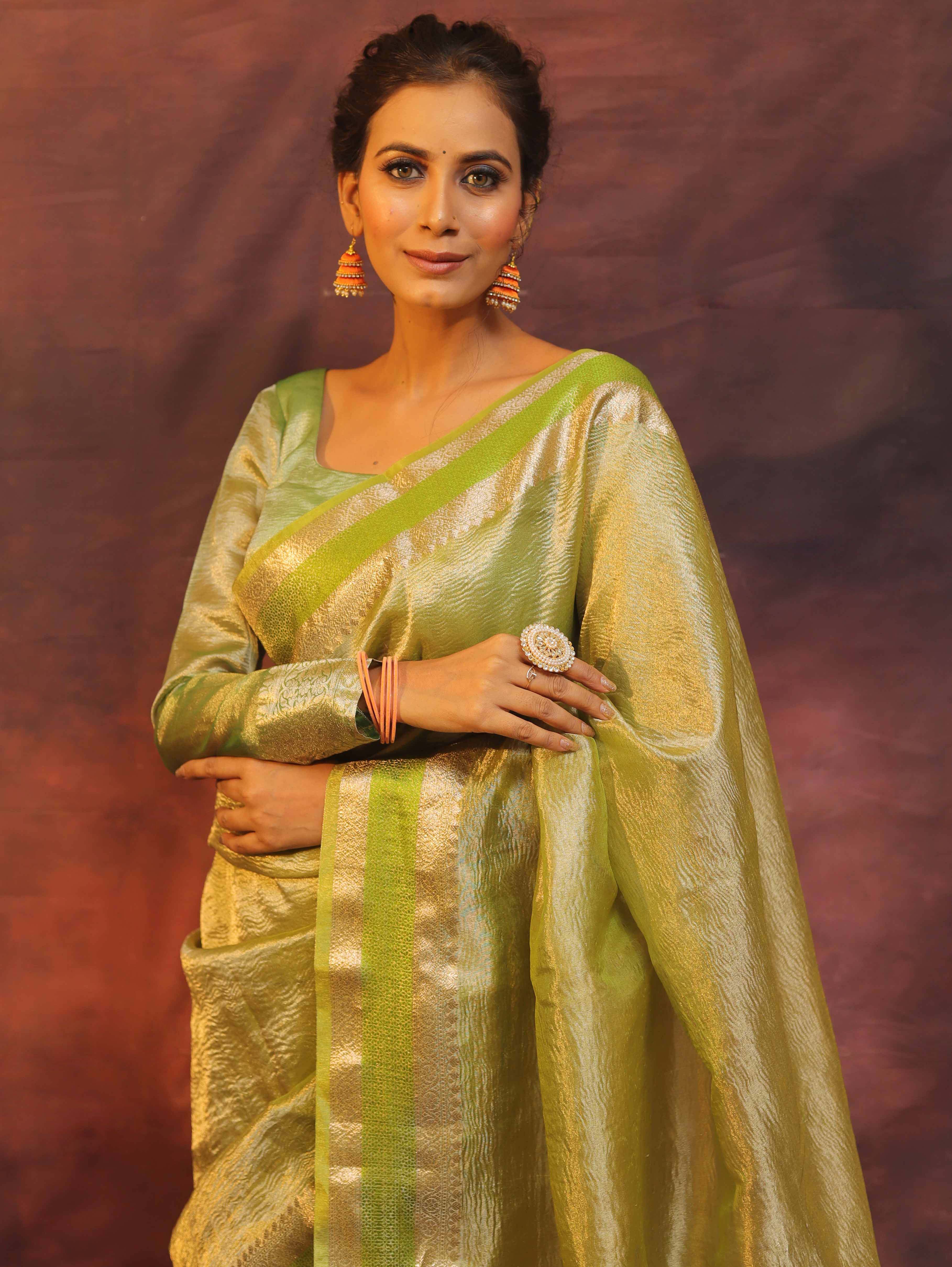 Banarasee Handwoven Plain Crushed Tissue Saree With Zari Border-Light Green