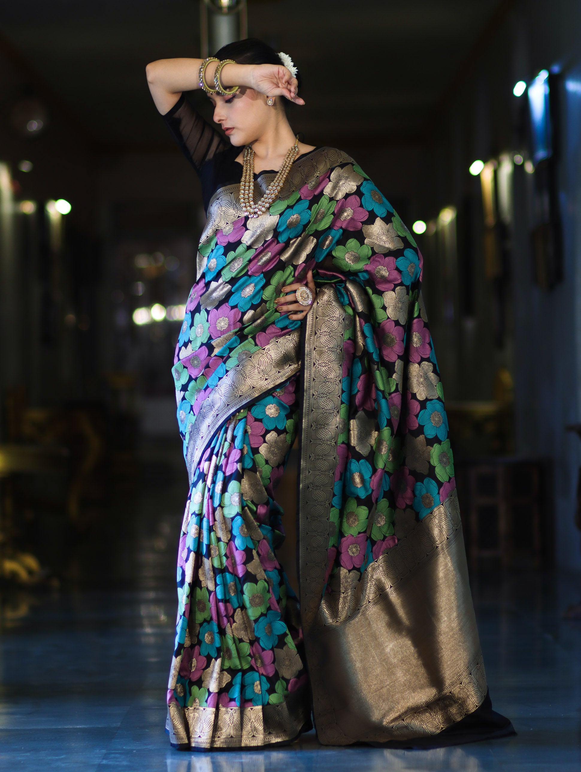 Banarasee Handwoven Katan Saree With Meenadar Floral Design & Border-Black