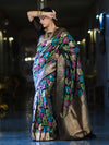 Banarasee Handwoven Katan Saree With Meenadar Floral Design & Border-Black