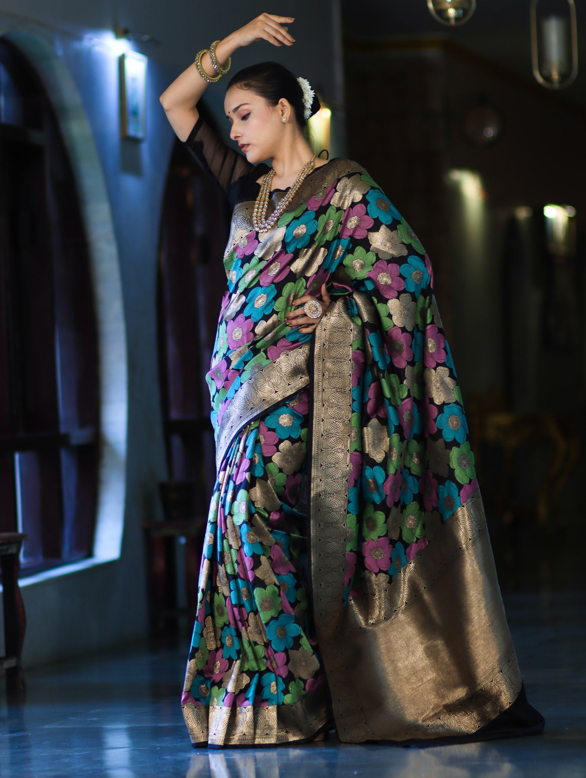 Banarasee Handwoven Katan Saree With Meenadar Floral Design & Border-Black